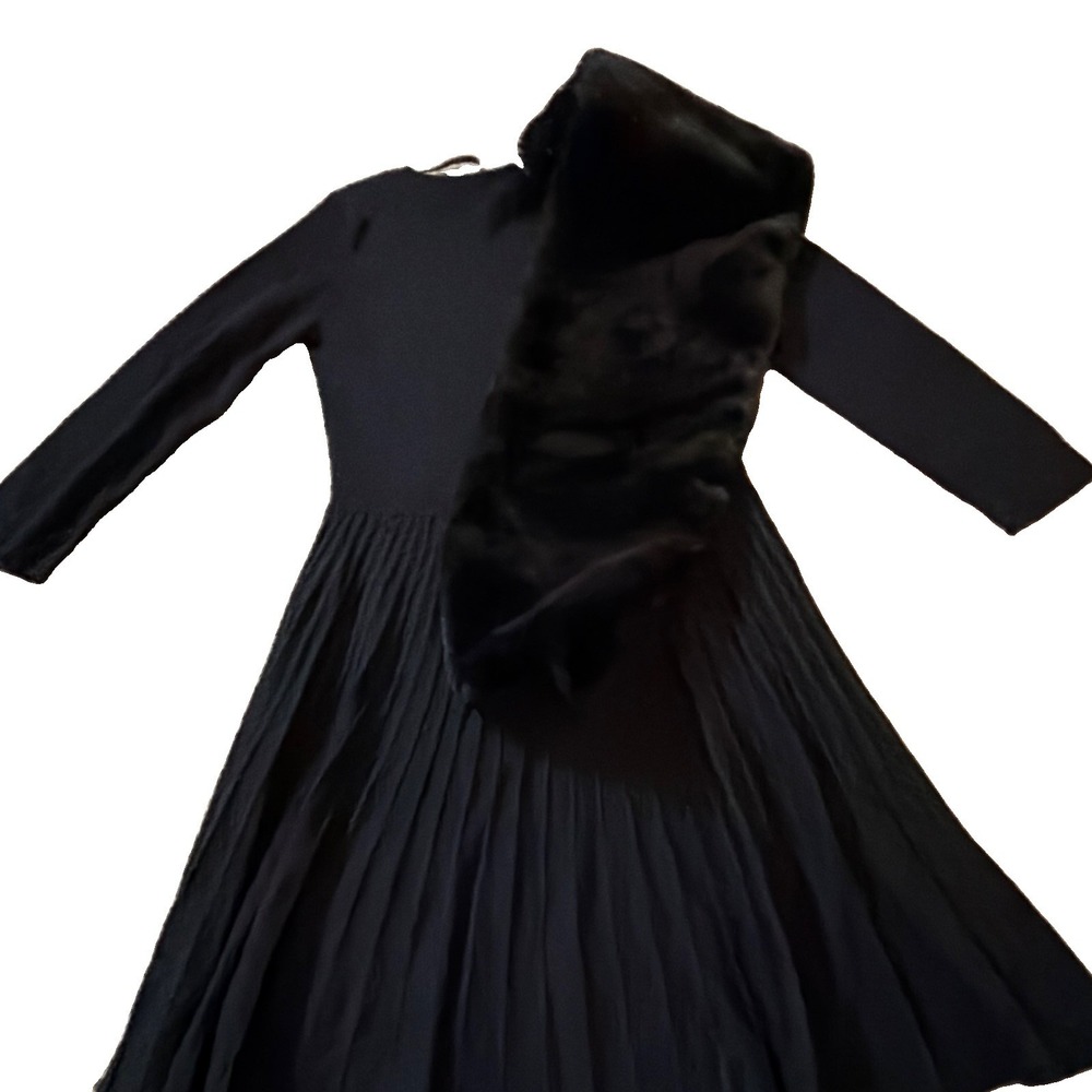 BCX Black Pleated A-Line Dress Womens M Solid Knee Length 3/4 Sleeve Fur Scarf - Picture 6 of 6